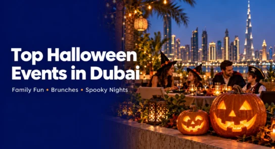 Halloween celebrations in Dubai with glowing pumpkins, a family and the illuminated skyline.