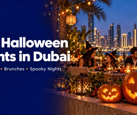 Halloween celebrations in Dubai with glowing pumpkins, a family and the illuminated skyline.