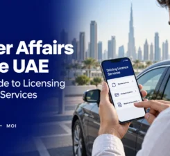 UAE resident checking driving licence services on a smartphone beside a parked car in Dubai.