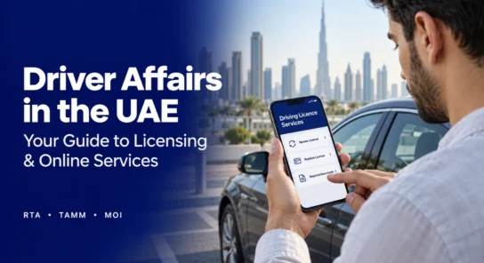 UAE resident checking driving licence services on a smartphone beside a parked car in Dubai.