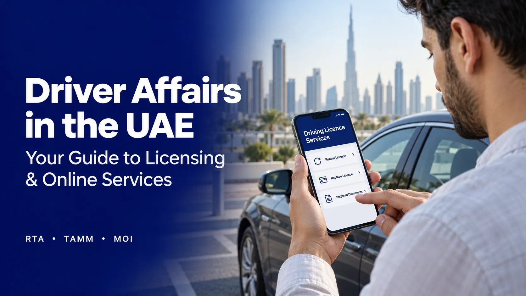 UAE resident checking driving licence services on a smartphone beside a parked car in Dubai.